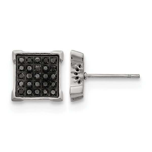 Stainless Steel Polished Square Black Diamond Cluster Button Earrings - Birthstone Company