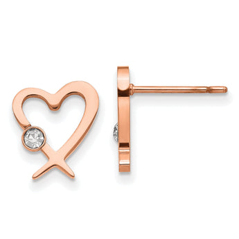 Chisel Stainless Steel Polished Rose IP-plated with Crystal Heart Post Earrings