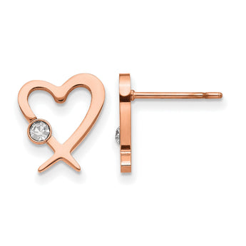 Stainless Steel Polished Rose IP-plated w/Crystal Heart Post Earrings - Birthstone Company