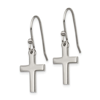 Stainless Steel Polished Cross Dangle Shepherd Hook Earrings
