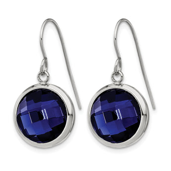 Stainless Steel Polished with Blue Glass Dangle Shepherd Hook Earrings - Birthstone Company