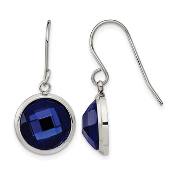 Stainless Steel Polished with Blue Glass Dangle Shepherd Hook Earrings - Birthstone Company