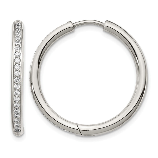 Stainless Steel Polished with CZ 2.50mm Hinged Hoop Earrings - Birthstone Company