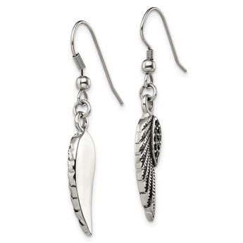 Stainless Steel Antiqued & Polished w/Black Crystal Wings Dangle Earrings