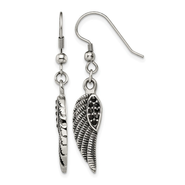 Stainless Steel Antiqued & Polished w/Black Crystal Wings Dangle Earrings - Birthstone Company