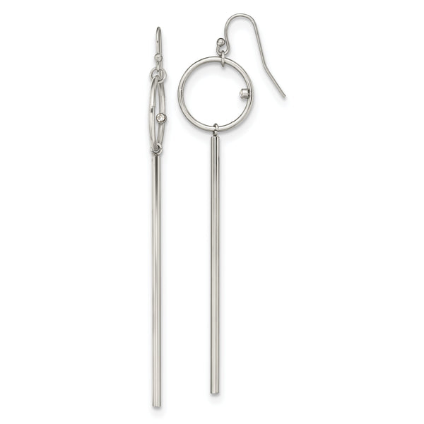 Chisel Stainless Steel Polished Circle with Crystal Accent Bar Dangle Shepherd Hook Shoulder Duster Earrings