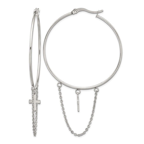 Stainless Steel Polished Cross Dangle Hoop Earrings - Birthstone Company