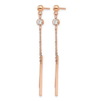Stainless Steel Polished Rose IP-plated w/Crystal Bar Post Dangle Earrings - Birthstone Company