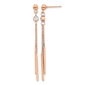 Stainless Steel Polished Rose IP-plated w/Crystal Bar Post Dangle Earrings - Birthstone Company