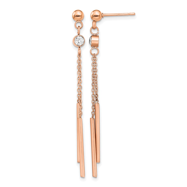 Stainless Steel Polished Rose IP-plated w/Crystal Bar Post Dangle Earrings - Birthstone Company