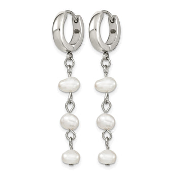 Stainless Steel Polished Pear Hinged Pearl Huggie Hoop Earrings for Women - Birthstone Company