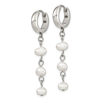 Stainless Steel Polished w/Freshwater Cultured Pearl Hinged Hoop Earrings