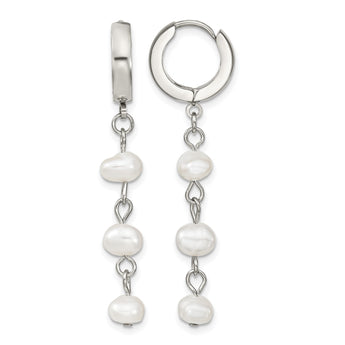 Stainless Steel Polished Pear Hinged Pearl Huggie Hoop Earrings for Women - Birthstone Company