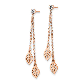 Stainless Steel Polished Rose IP-plated with CZ Leaf Post Dangle  Earrings