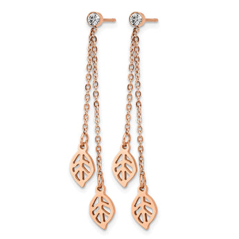 Stainless Steel Polished Rose IP-plated with CZ Leaf Post Dangle  Earrings - Birthstone Company