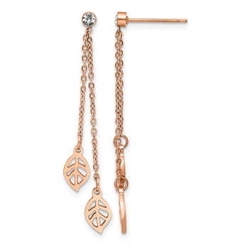 Stainless Steel Polished Rose IP-plated with CZ Leaf Post Dangle  Earrings - Birthstone Company