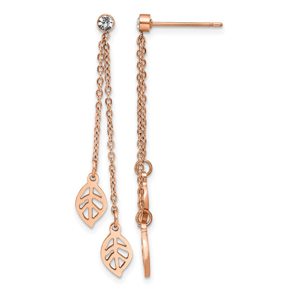 Stainless Steel Polished Rose IP-plated with CZ Leaf Post Dangle  Earrings - Birthstone Company