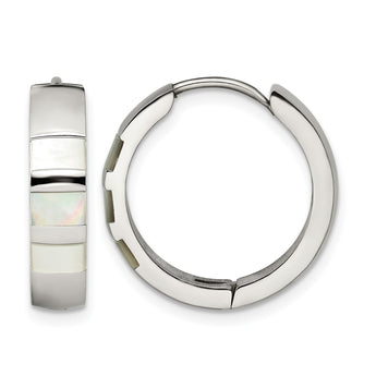 Stainless Steel Polished Pear Hinged Simulated Pearl Huggie Hoop Earrings - Birthstone Company