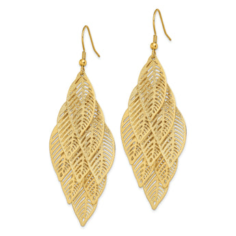 Stainless Steel Polished and Textured Yellow IP Leaves Dangle Earrings