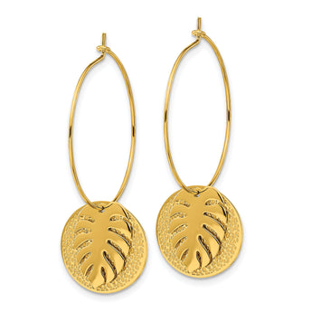 Chisel Stainless Steel Polished Textured Yellow IP-plated Leaf Dangle Hoop Earrings