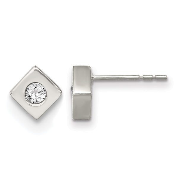 Stainless Steel CZ Brushed Diamond Shaped Post Earrings - Birthstone Company