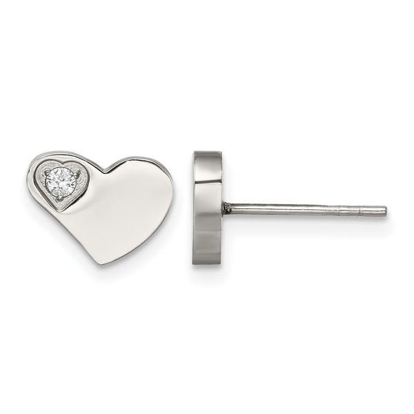 Stainless Steel CZ Polished Heart Post Earrings - Birthstone Company