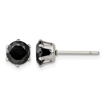 Stainless Steel Polished 6mm Black Round CZ Stud Post Earrings - Birthstone Company