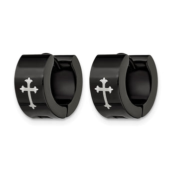 Stainless Steel Black IP-plated Round Hinged Hoop w/ Cross Earrings - Birthstone Company