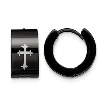 Stainless Steel Black IP-plated Round Hinged Hoop w/ Cross Earrings - Birthstone Company