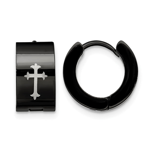 Stainless Steel Black IP-plated Round Hinged Hoop w/ Cross Earrings - Birthstone Company