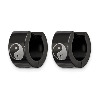 Stainless Steel Yin Yang Black IP Plated Hinged Hoop Earrings - Birthstone Company