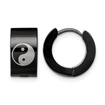 Stainless Steel Yin Yang Black IP Plated Hinged Hoop Earrings - Birthstone Company
