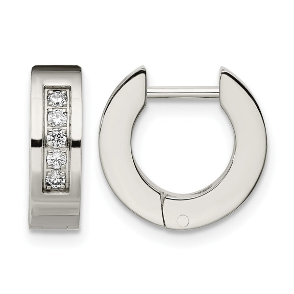 Stainless Steel CZ Polished Round Hinged Hoop Earrings - Birthstone Company