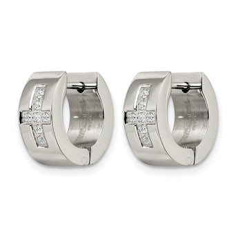 Stainless Steel CZ Cross Brushed & Polished Hinged Hoop Earrings - Birthstone Company