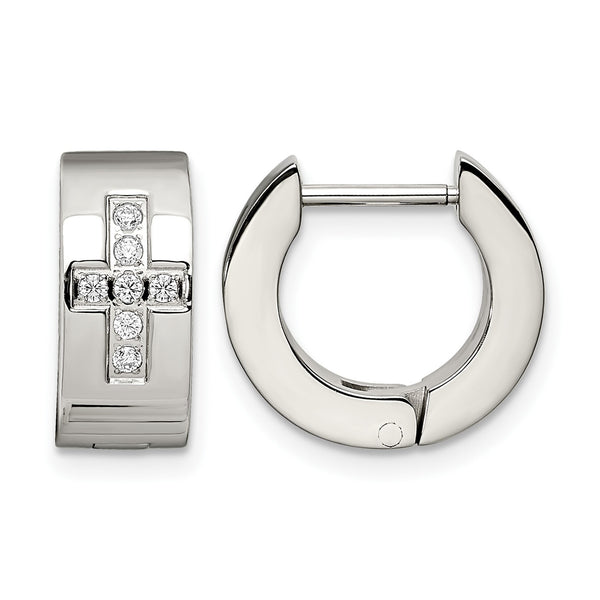 Stainless Steel CZ Cross Brushed & Polished Hinged Hoop Earrings - Birthstone Company