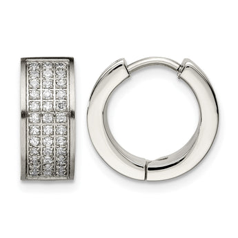 Stainless Steel CZ Stones Brushed & Polished Hinged Hoop Earrings - Birthstone Company