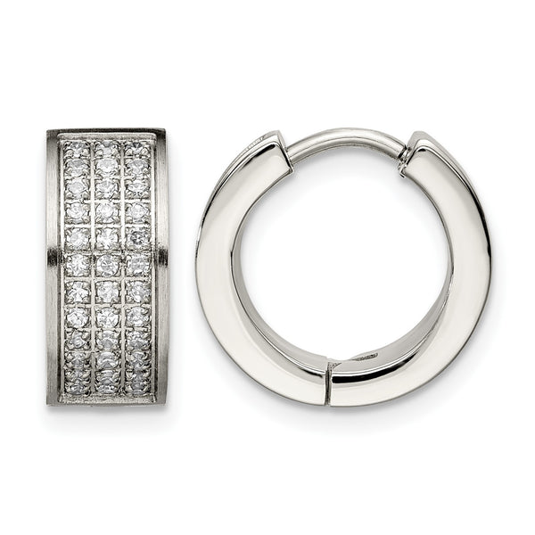 Stainless Steel CZ Stones Brushed & Polished Hinged Hoop Earrings - Birthstone Company