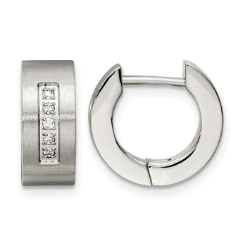 Stainless Steel CZ Brushed & Polished Round Hinged Hoop Earrings - Birthstone Company