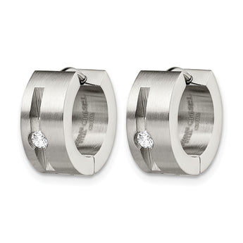 Stainless Steel CZ Brushed & Polished Round Hinged Hoop Earrings - Birthstone Company