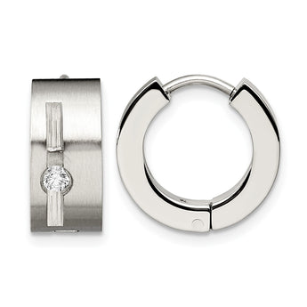 Stainless Steel CZ Brushed & Polished Round Hinged Hoop Earrings - Birthstone Company