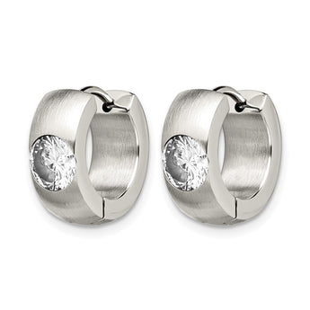 Stainless Steel CZ Brushed & Polished Round Hinged Hoop Earrings - Birthstone Company