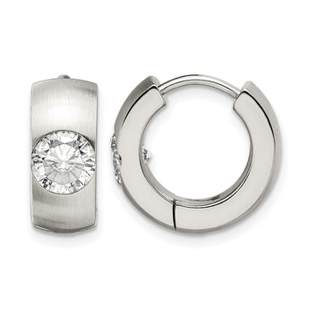 Stainless Steel CZ Brushed & Polished Round Hinged Hoop Earrings - Birthstone Company