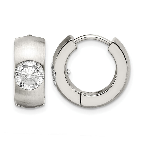 Stainless Steel CZ Brushed & Polished Round Hinged Hoop Earrings - Birthstone Company