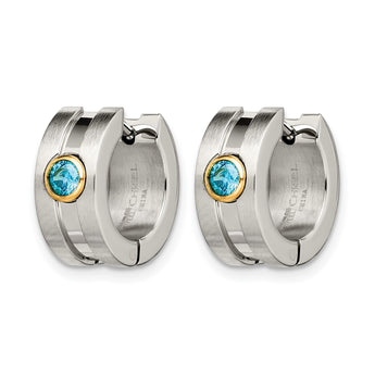 Stainless Steel Teal CZ & Yellow-plated Hinged Hoop Earrings - Birthstone Company