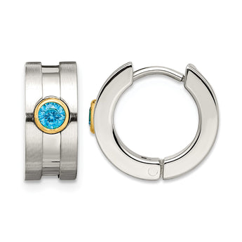 Stainless Steel Teal CZ & Yellow-plated Hinged Hoop Earrings - Birthstone Company
