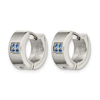 Stainless Steel Blue CZ Brushed & Polished Hinged Hoop Earrings - Birthstone Company