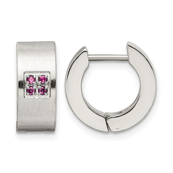 Stainless Steel Pink CZ Brushed & Polished Hinged Hoop Earrings - Birthstone Company