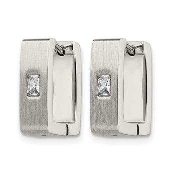 Stainless Steel CZ Brushed & Polished Square Hinged Earrings - Birthstone Company