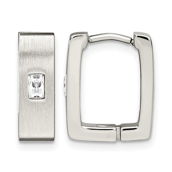 Stainless Steel CZ Brushed & Polished Square Hinged Earrings - Birthstone Company