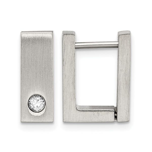 Stainless Steel CZ Brushed & Polished Square Hinged Hoop Earrings - Birthstone Company